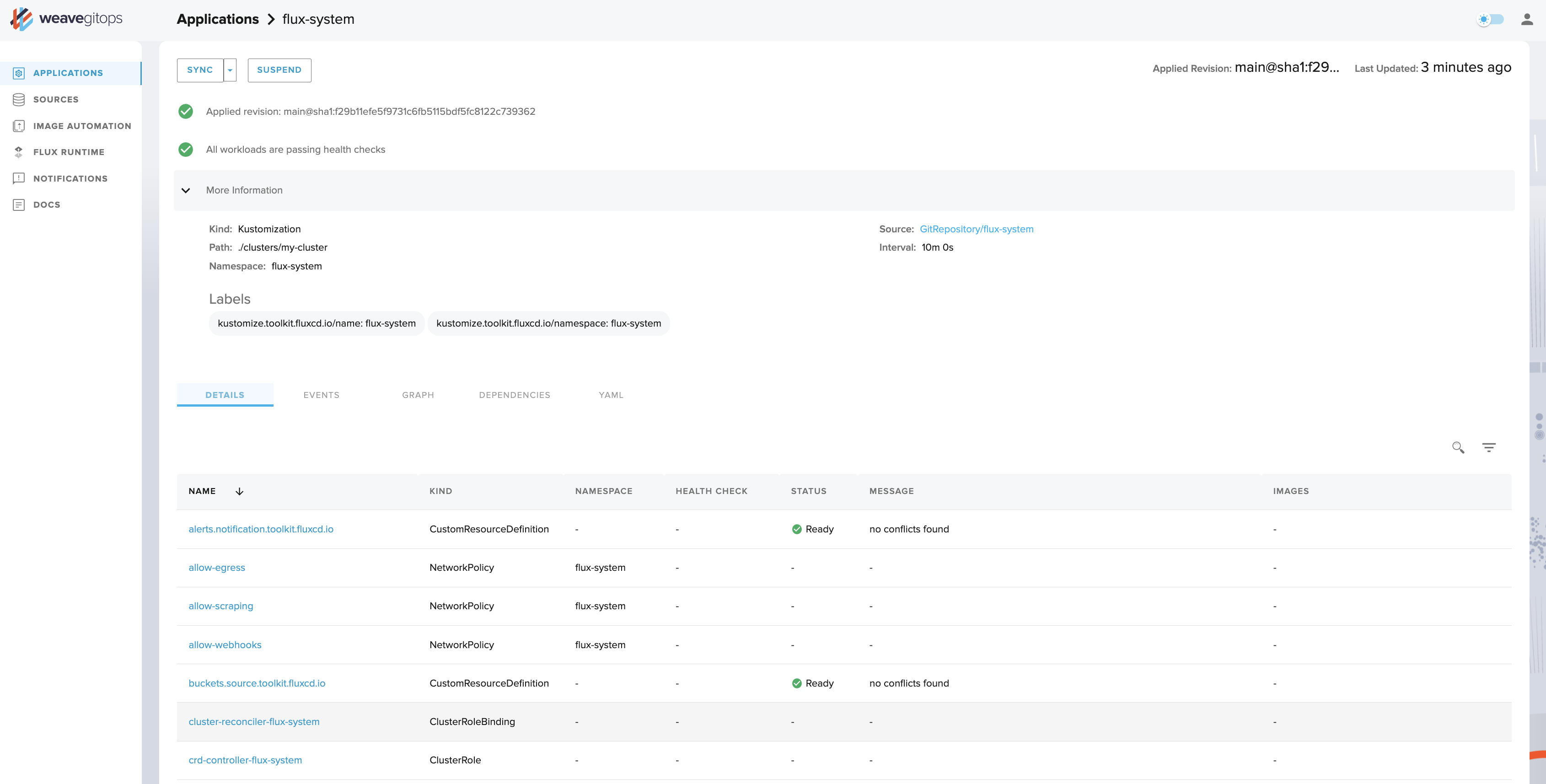 Application detail view for the flux system kustomization