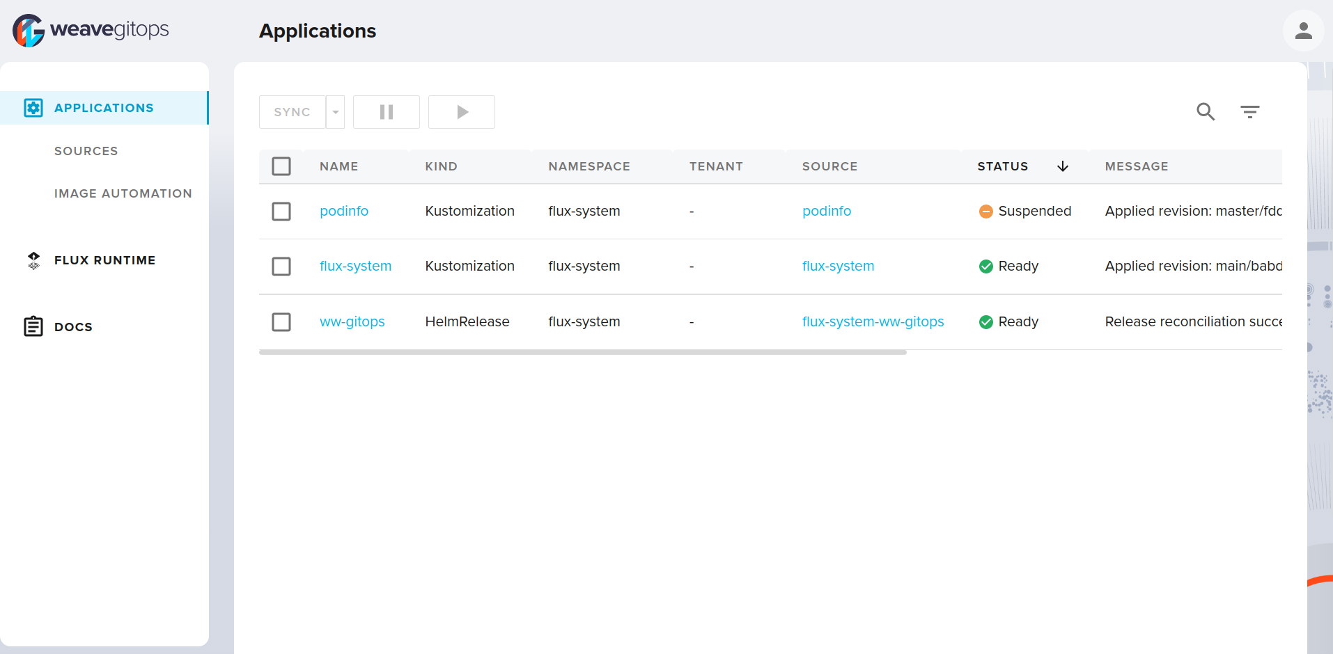 Applications summary view showing Podinfo suspended