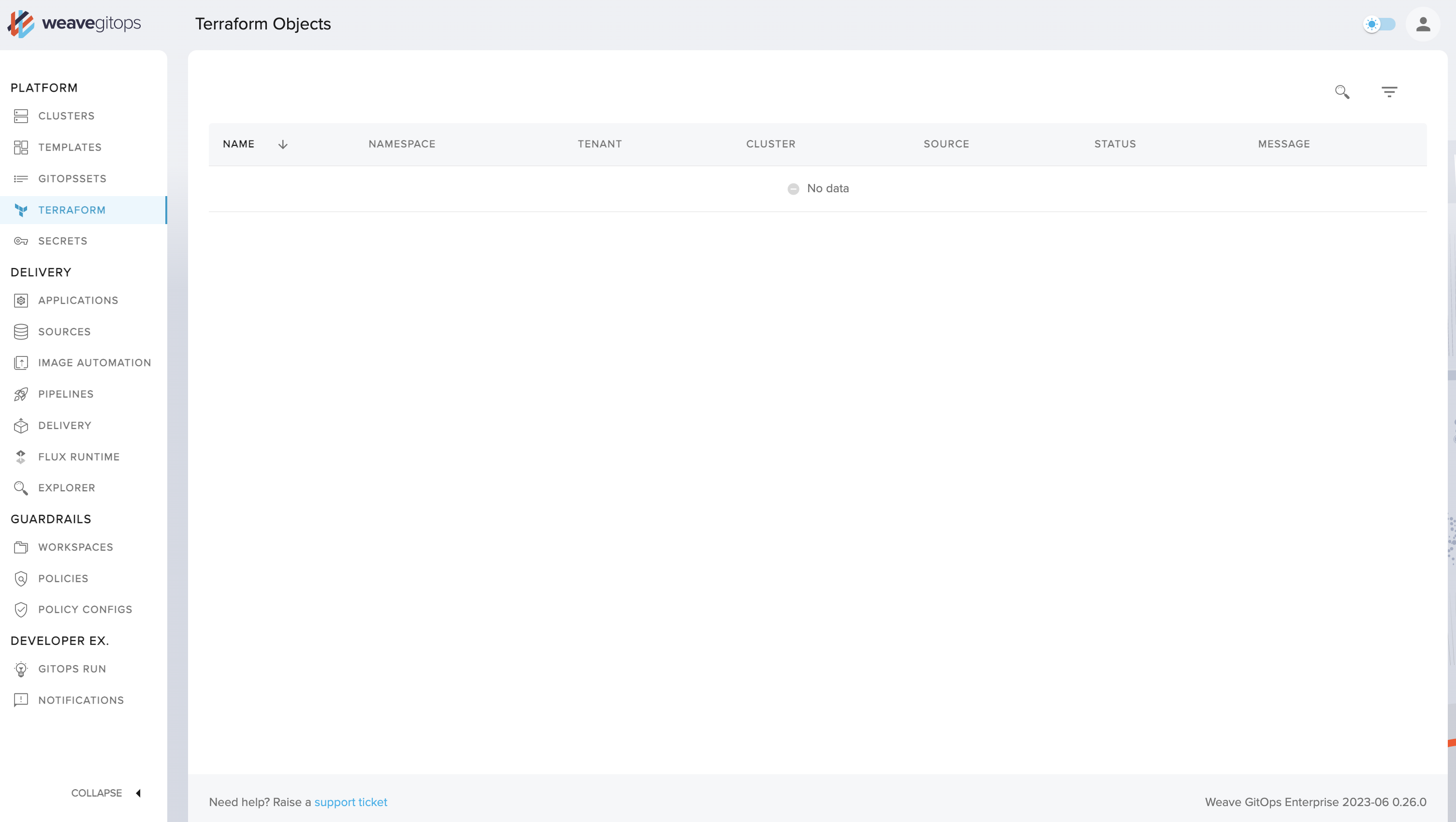 WGE Enterprise dashboard showing Terraform view