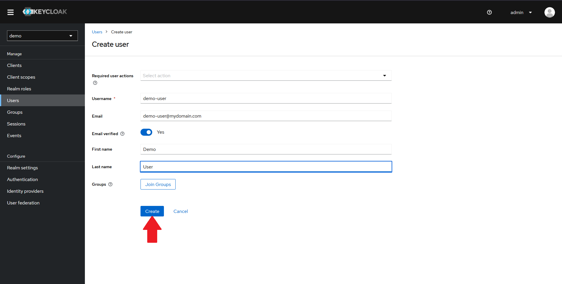 Keycloak create user step 2