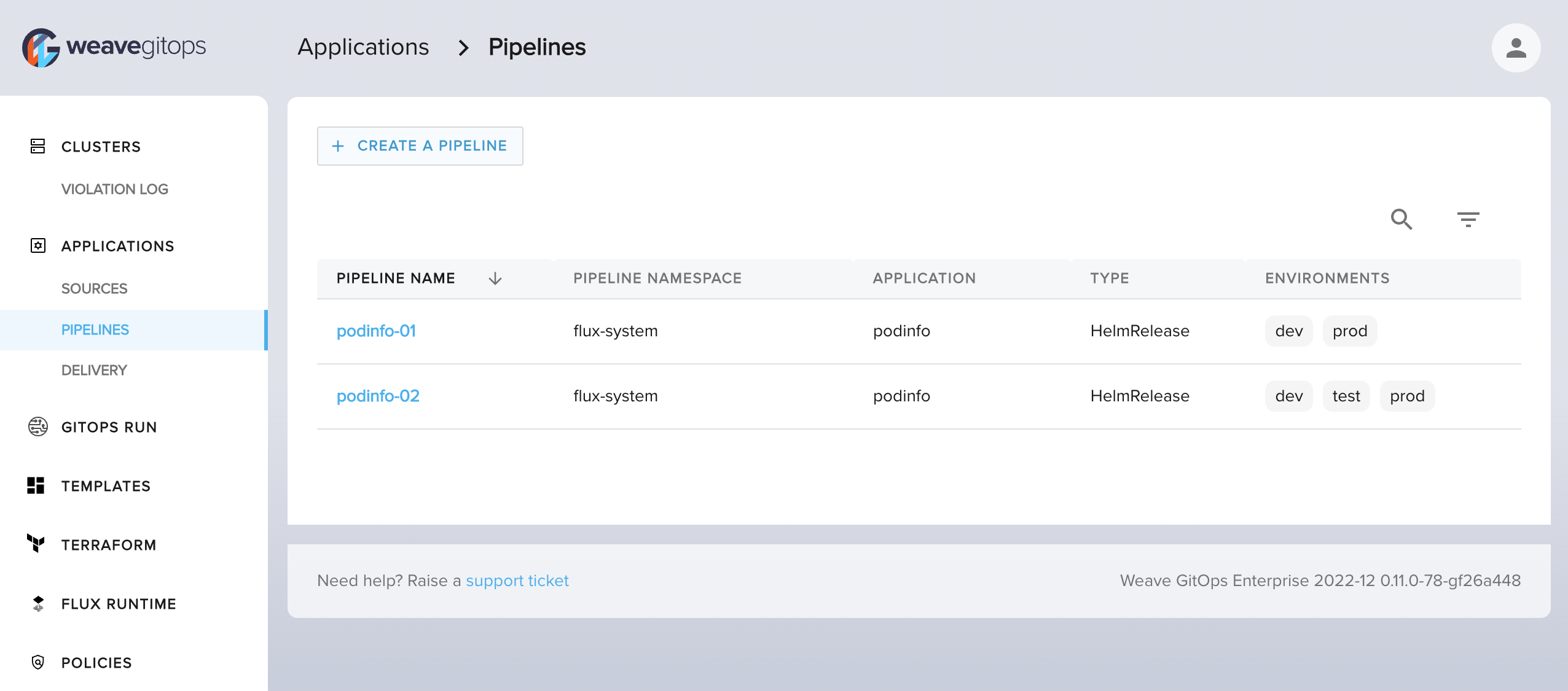 Create Pipeline button in Pipeline view