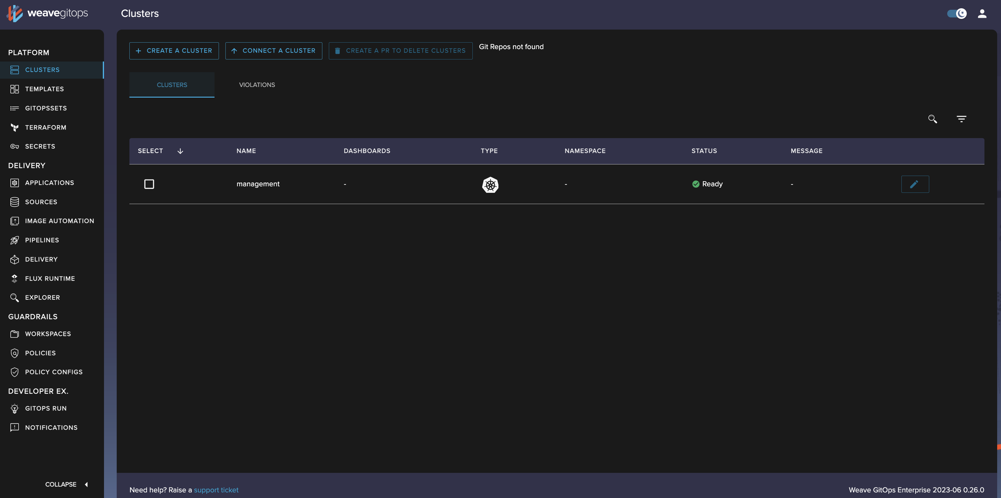 WGE dashboard with cluster view